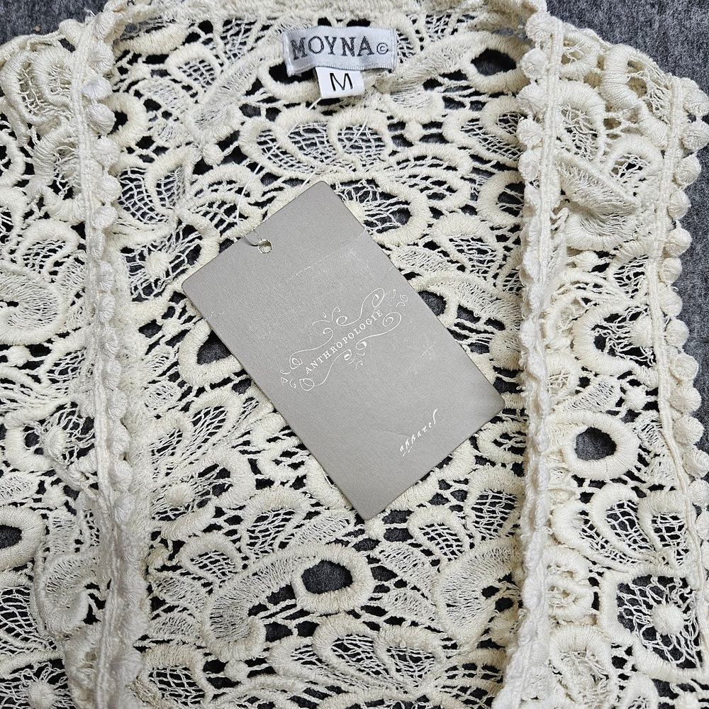 Moyna Vest Women Medium Ivory Anthropologie Crochet Lace Open Front Boho Cotton - Picture 3 of 8